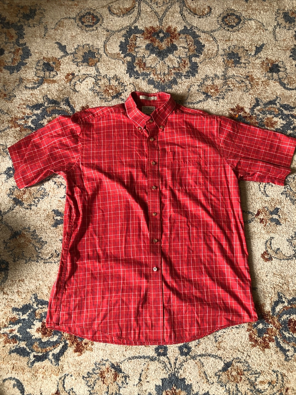 LL Bean Button Down Shirt Men's Size Large Red Plaid Short Sleeve Traditional